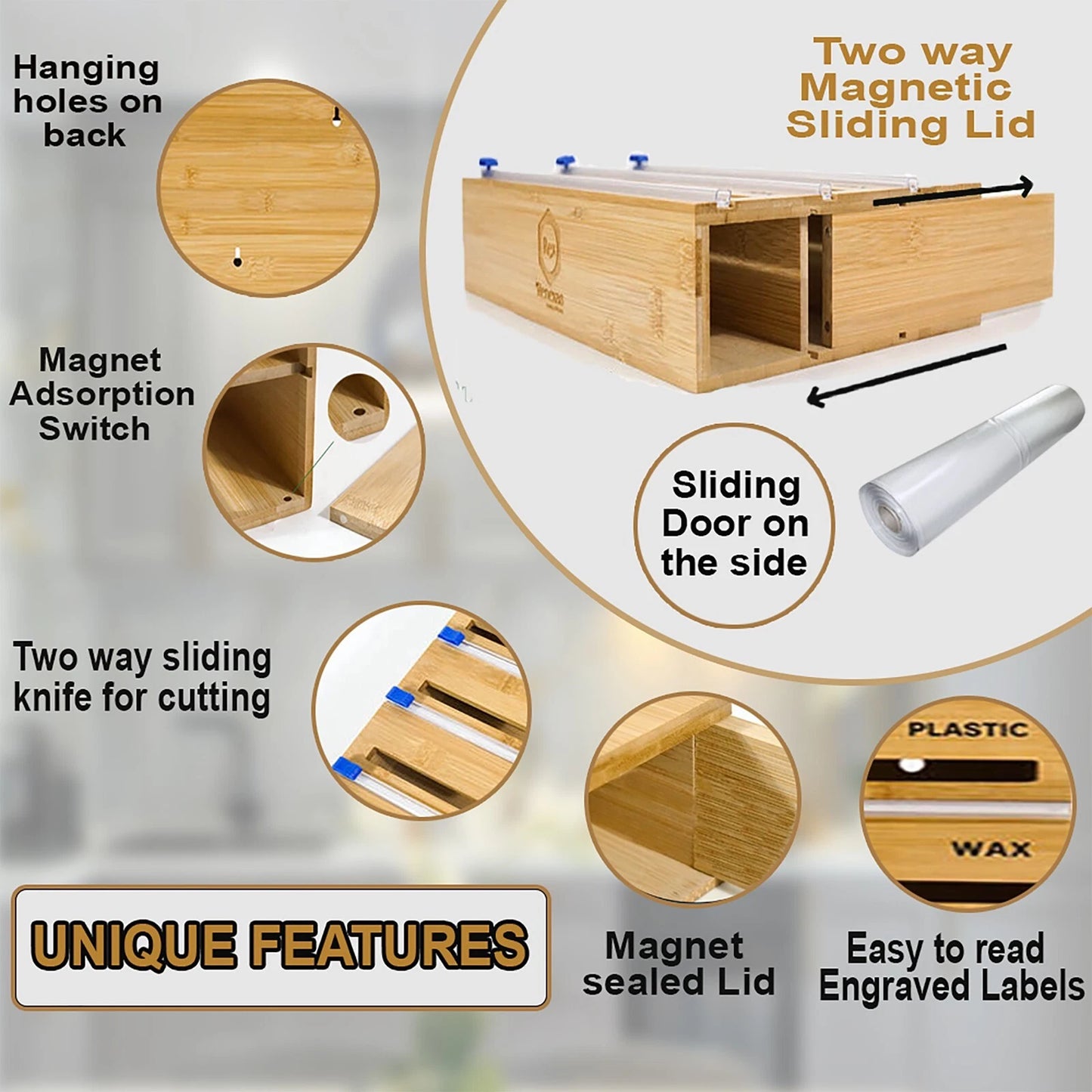 Foil and Plastic Wrap Organizer, 3 in 1 Wrap dispenser with Cutter on both sides