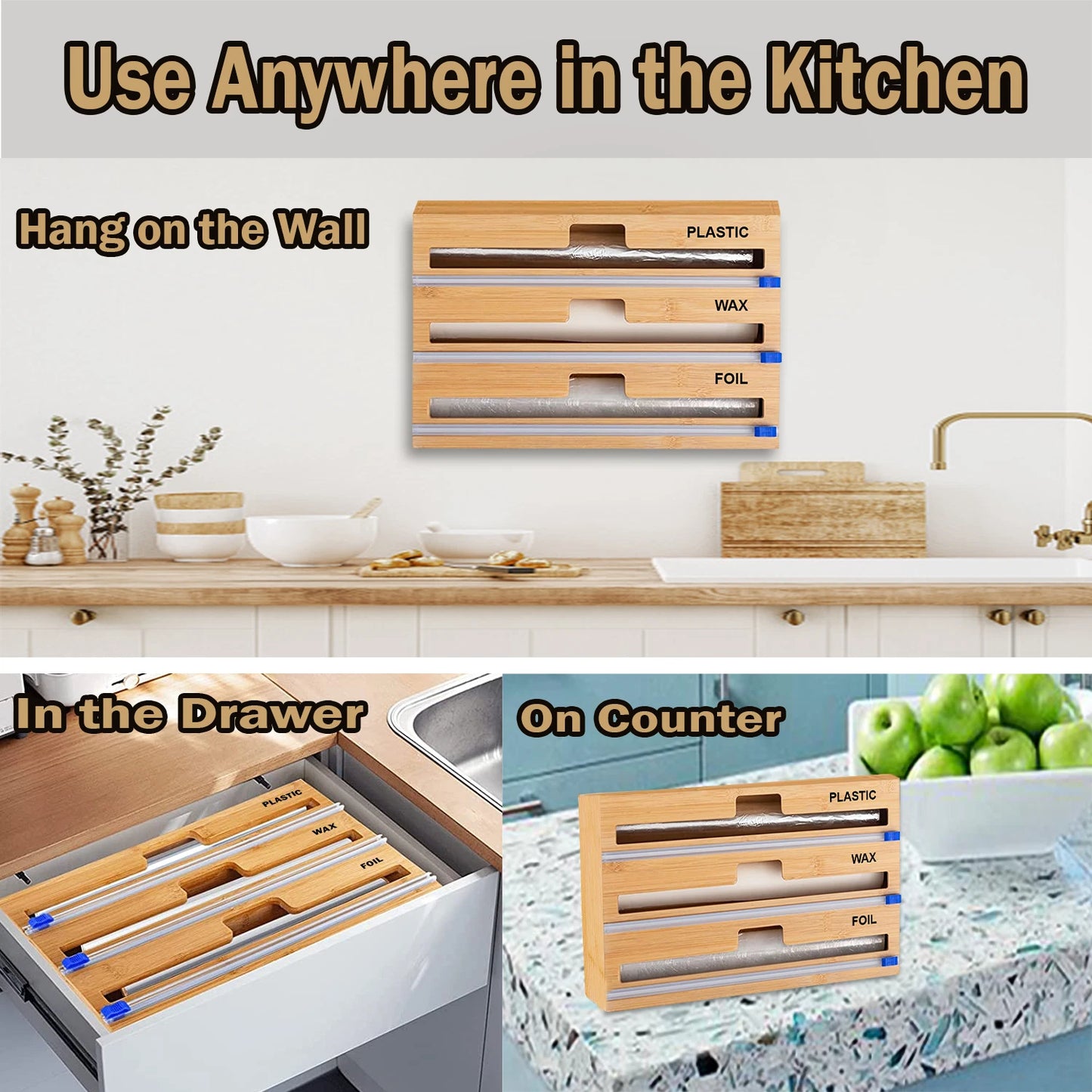 Foil and Plastic Wrap Organizer, 3 in 1 Wrap dispenser with Cutter on both sides