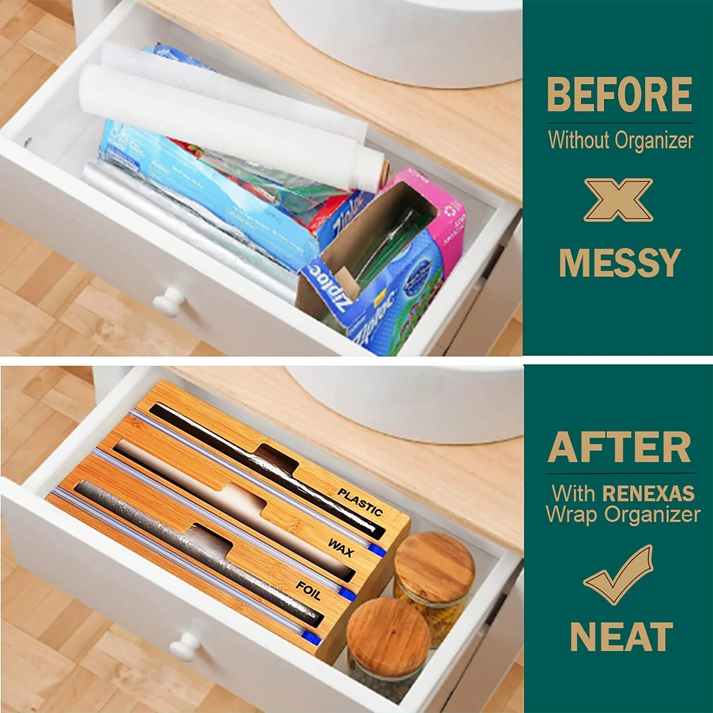 Foil and Plastic Wrap Organizer, 3 in 1 Wrap dispenser with Cutter on both sides