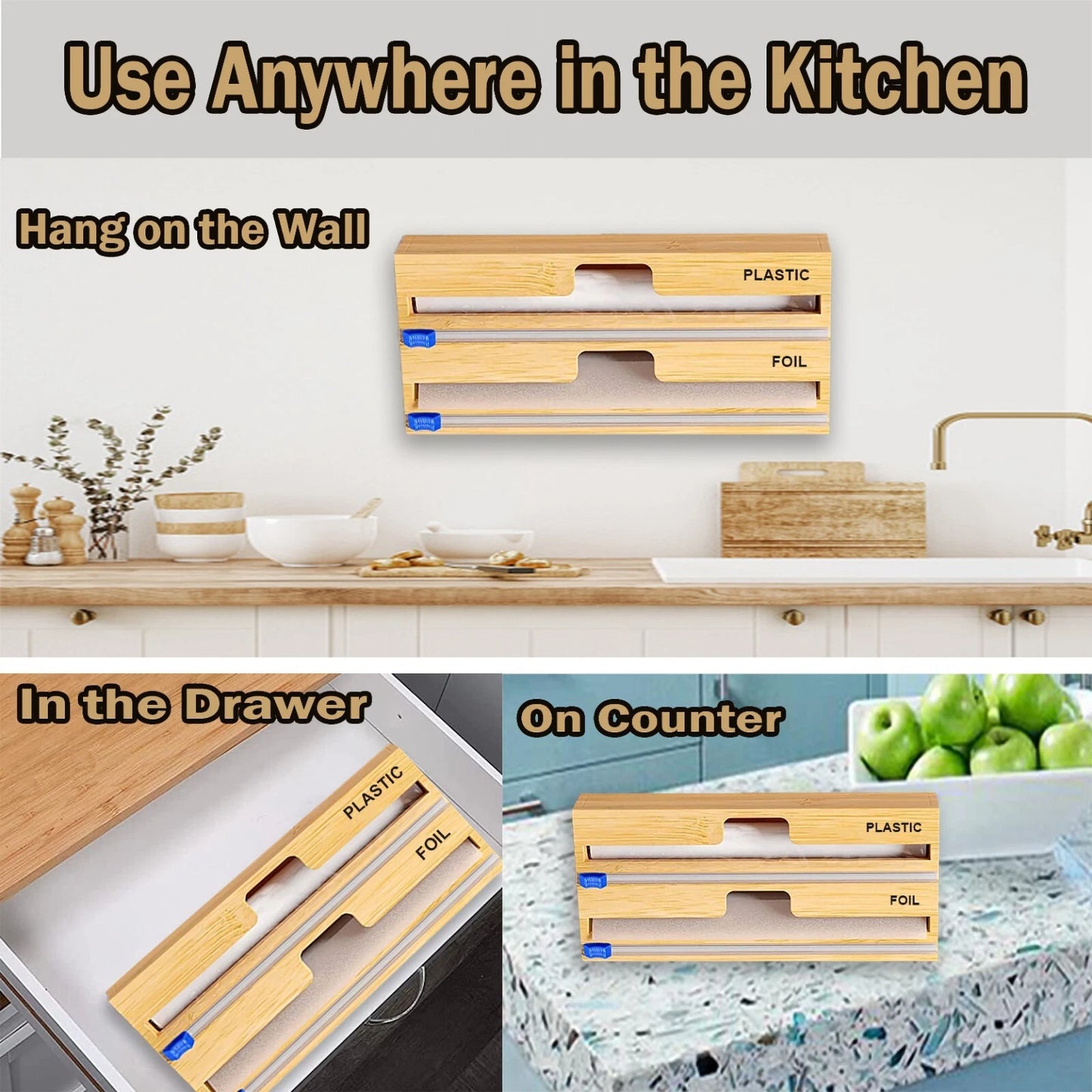 Foil and Plastic Wrap Organizer, 3 in 1 Wrap dispenser with Cutter on both sides