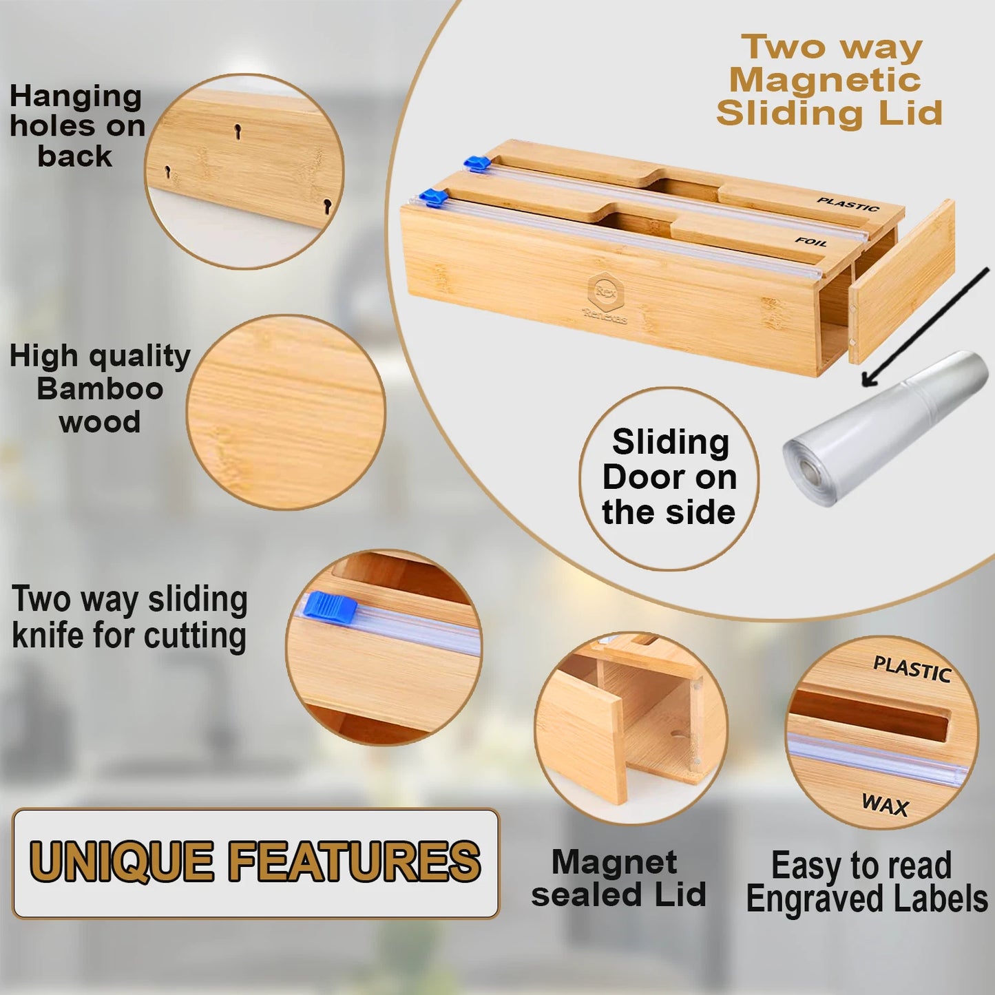 Foil and Plastic Wrap Organizer, 3 in 1 Wrap dispenser with Cutter on both sides