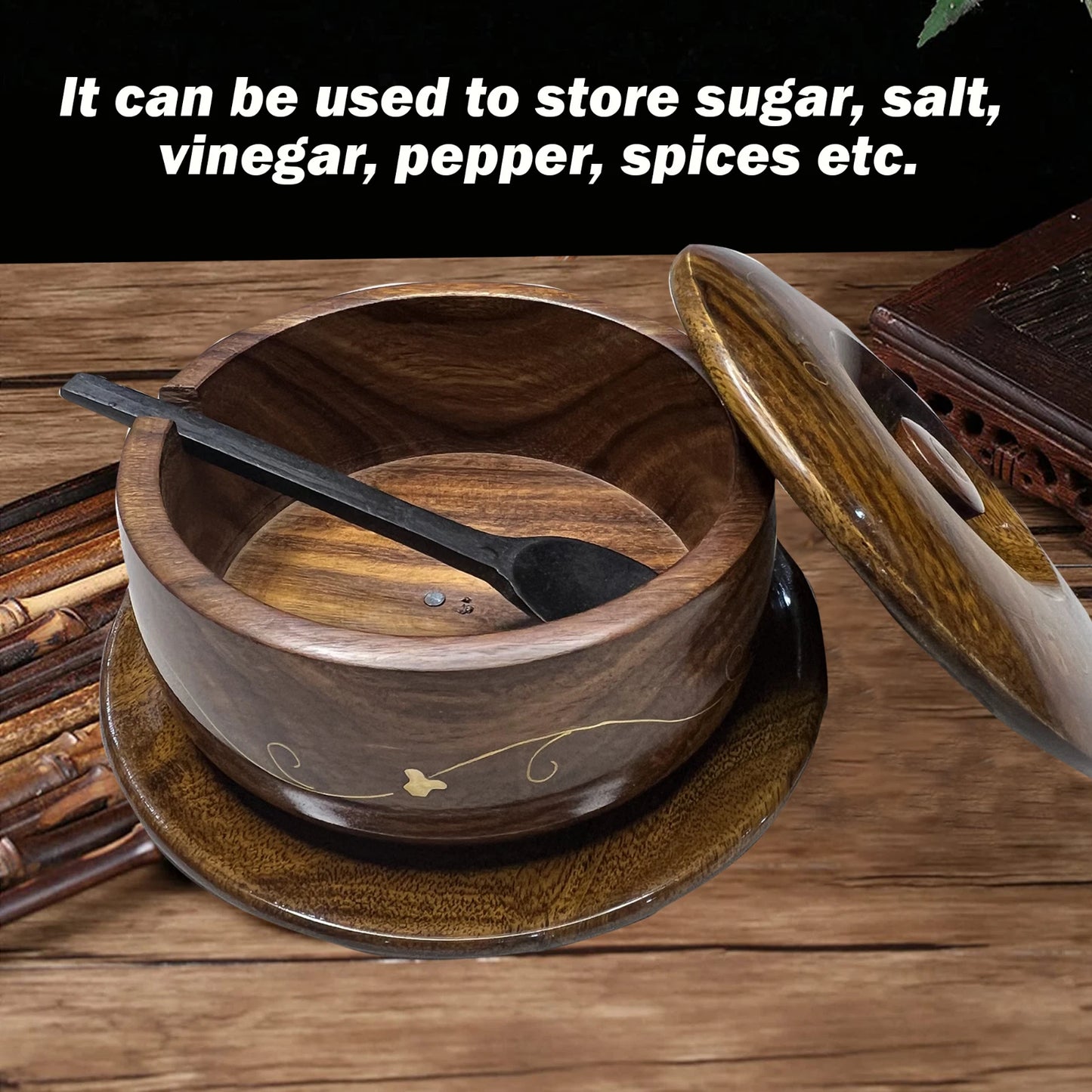 Antique Wooden Sugar Pot with Lid & Spoon Hand Crafted Kitchen Organizers