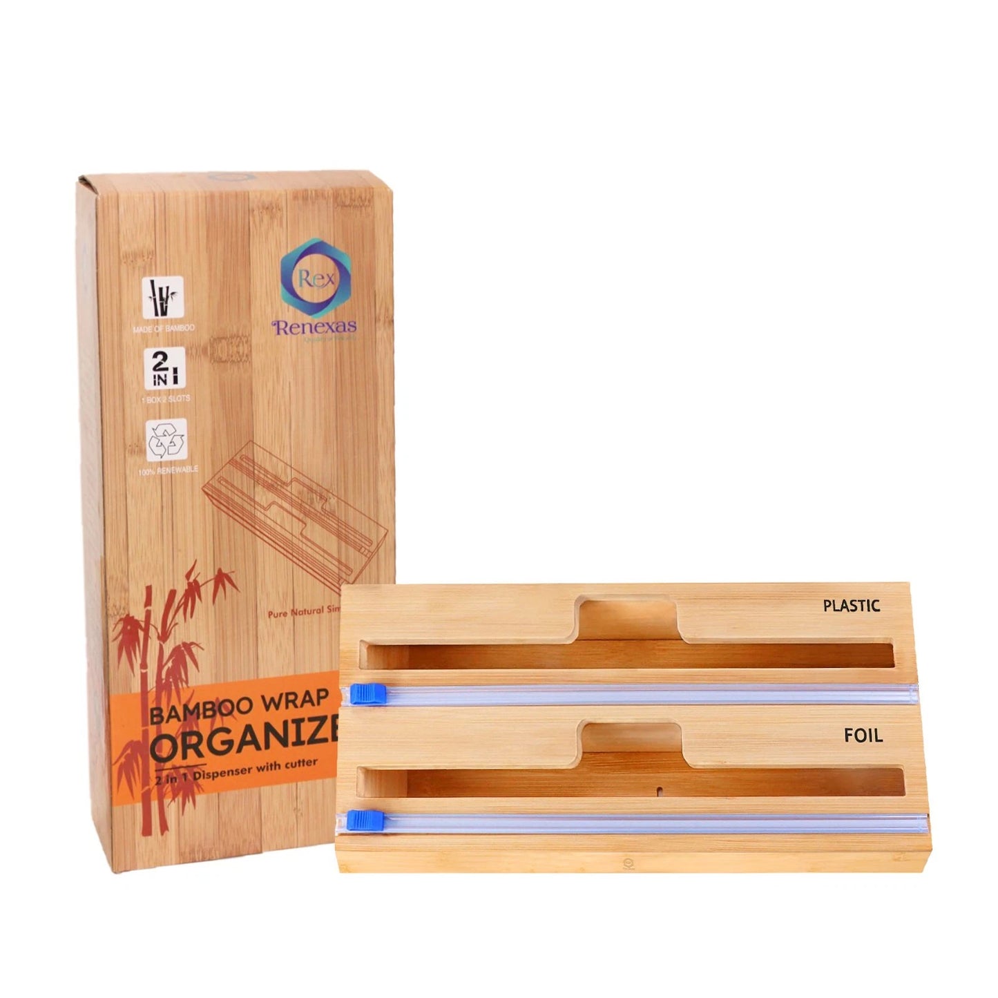 Foil and Plastic Wrap Organizer, 3 in 1 Wrap dispenser with Cutter on both sides