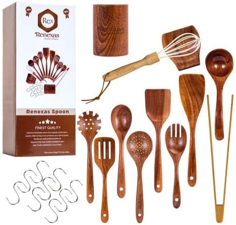 Renexas 9 Pcs best Wooden cooking utensils set for non-stick with holder.