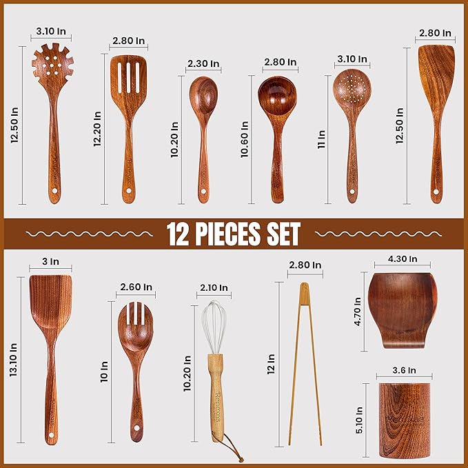 Premium Natural Teak Wooden Utensils Non-Toxic Cooking Spoons