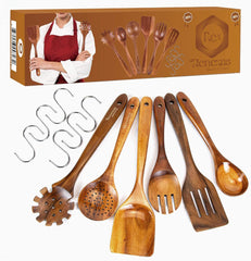Renexas 9 Pcs best Wooden cooking utensils set for non-stick with holder.