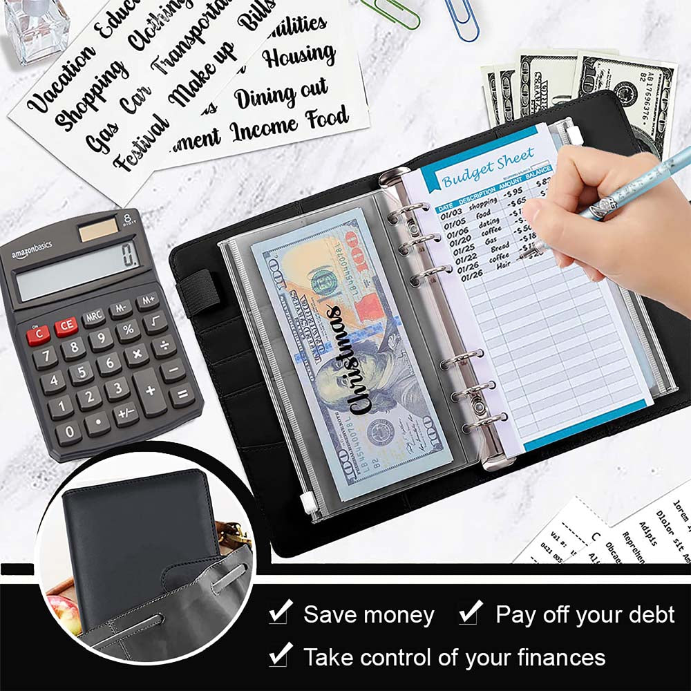 A6 Budget Binder with 12 Financial Sheets | Wallet Planner with Pouches | Savings Challenges