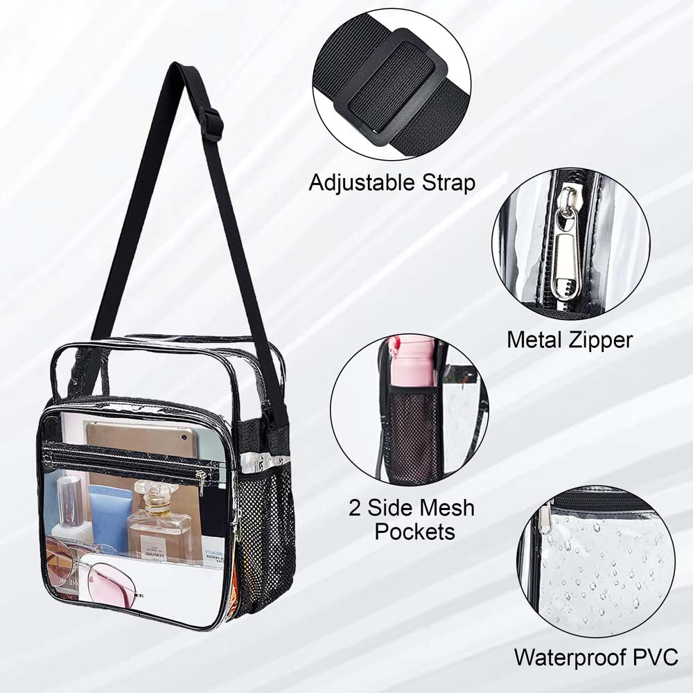 clear plastic handbags with Black Adjustable Shoulder Strap & Zipper for Men and Women