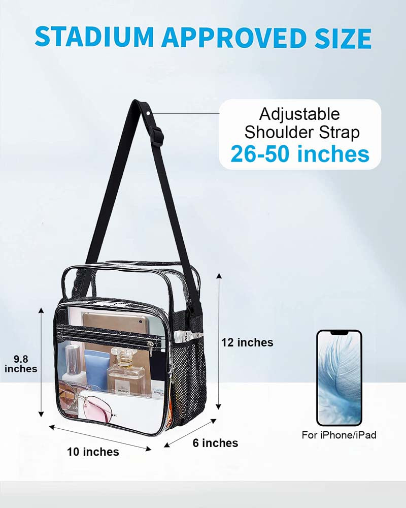 clear plastic handbags with Black Adjustable Shoulder Strap & Zipper for Men and Women