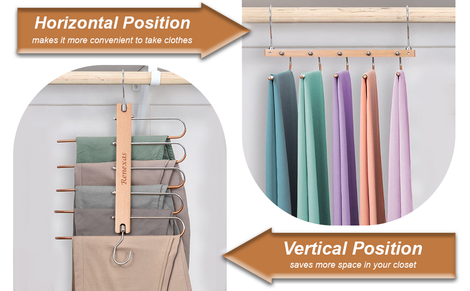 2 Pack Wood Space Saving Multi Purpose pants Hanger organizer with 5 Wall Adhesive Hooks