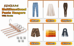2 Pack Wood Space Saving Multi Purpose pants Hanger organizer with 5 Wall Adhesive Hooks