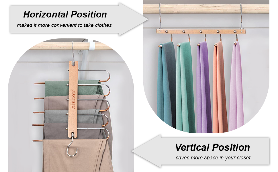 2 Pack Wood Space Saving Multi Purpose pants Hanger organizer with 5 Wall Adhesive Hooks