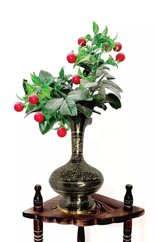 Etched Brass,Enameled Vase, Traditional turkish,Foral design handcrafted vase.