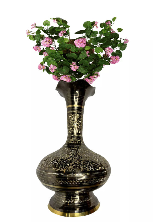 Etched Brass,Enameled Vase, Traditional turkish,Foral design handcrafted vase.