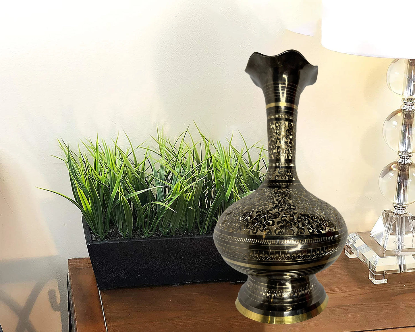 Etched Brass,Enameled Vase, Traditional turkish,Foral design handcrafted vase.