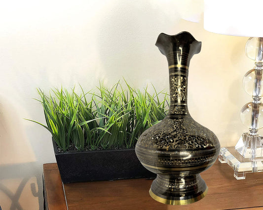 Etched Brass,Enameled Vase, Traditional turkish,Foral design handcrafted vase.