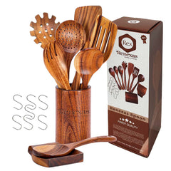 9 Pcs best Wooden cooking utensils set for non-stick with holder.