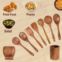9 Pcs best Wooden cooking utensils set for non-stick with holder.