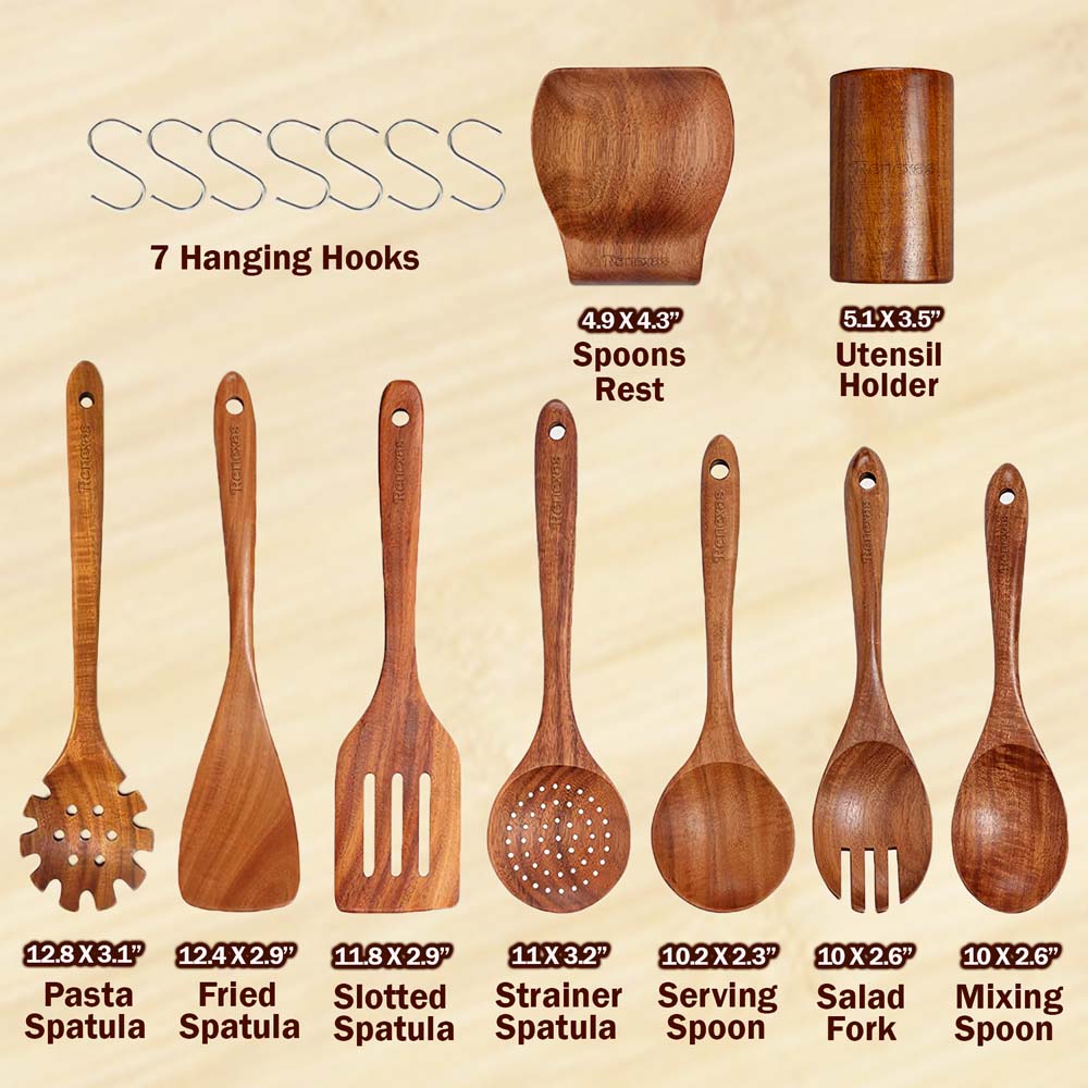 9 Pcs best Wooden cooking utensils set for non-stick with holder.